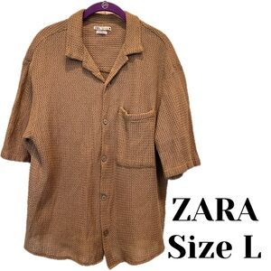 Zara L Khaki/Tan tones Relaxed Fit Crochet Textured Cotton Button-up shirt